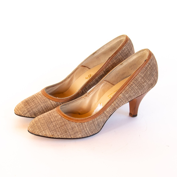 Vintage Shoes - NEW 1950's Tan Plaid Tweed Pumps Winston Salem NOS